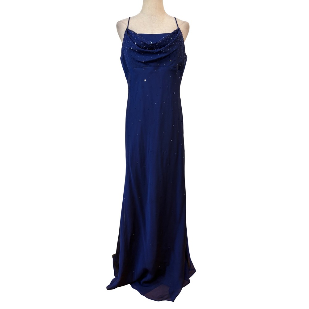 Vtg 90s Gown Womens 14 Blue Beaded Cowl Neck Gown Celestial Whimsigoth Fairy‎